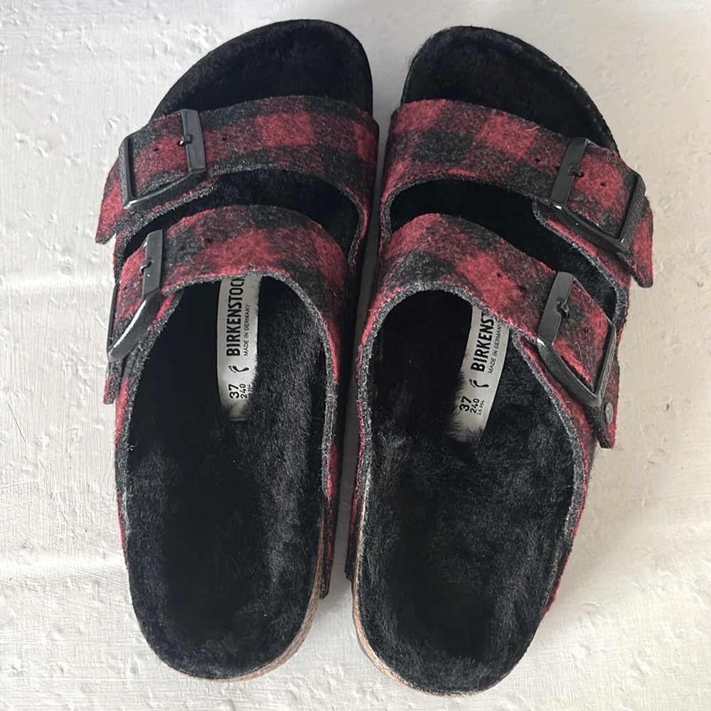 Birkenstock Arizona Rivet Plaid Red Shearling Wool Narrow - Picture 5 of 7